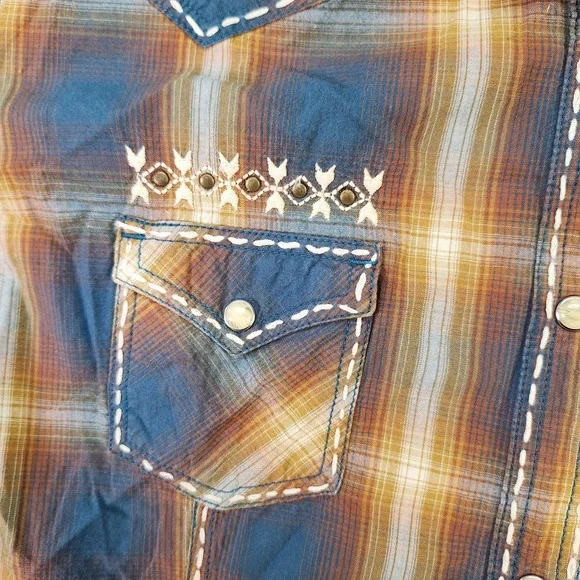 Panhandle Shirt Womens Large Blue Yellow Plaid Western Pearl Snap Embroidered - Picture 4 of 8